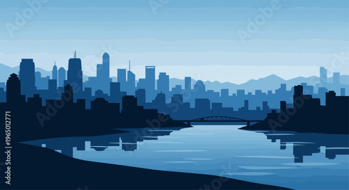 Cityscape silhouette over reflective water at dusk