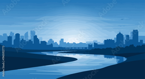 Cityscape silhouette over river at sunrise or sunset