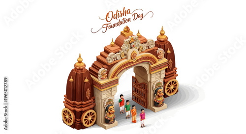 Isometric illustration of a traditional Odisha temple gate with people celebrating Odisha Foundation Day in a vibrant cultural setting.