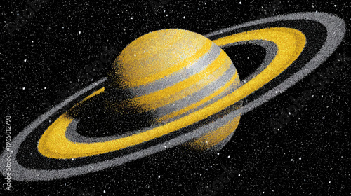 Digitally created illustration of a planet with rings against a starry, black background