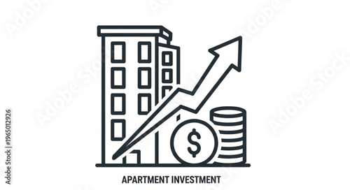 Apartment investment growth depicted with building, money, and rising arrow.