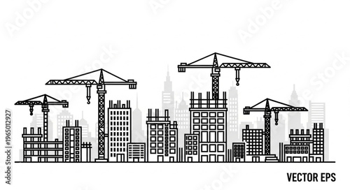 Construction site with cranes and buildings in progress, urban development concept.
