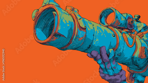 A vibrant, abstract illustration featuring a futuristic weapon held by a gloved hand against an orange background