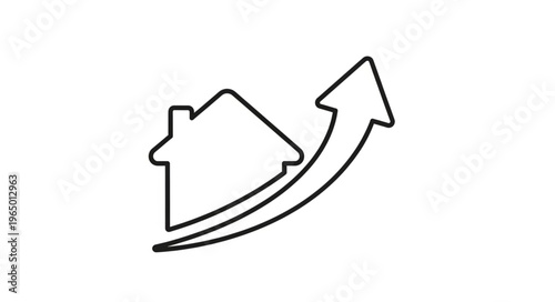 House icon with upward arrow representing real estate market growth and investment.