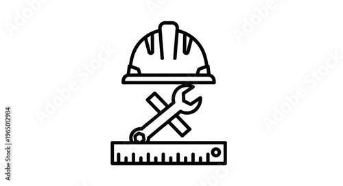 Construction and engineering concept with helmet, wrench, and ruler for building and industry.