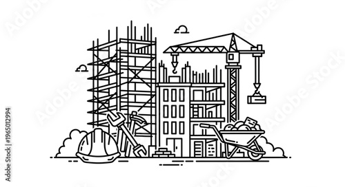 Construction site with buildings, crane, tools, and construction materials, black and white illustration.