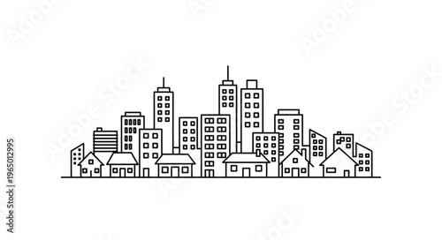 Simple black and white line art illustration of a city skyline with buildings and houses.