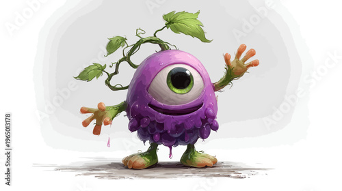 A whimsical, cartoonish creature with one eye, vine-like arms, and a cluster-like body