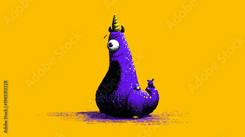 A purple monster with a yellow horn, big eye, and small companion sits against yellow