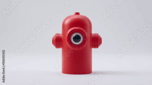 A red fire hydrant with a large, central eye against a soft, white background
