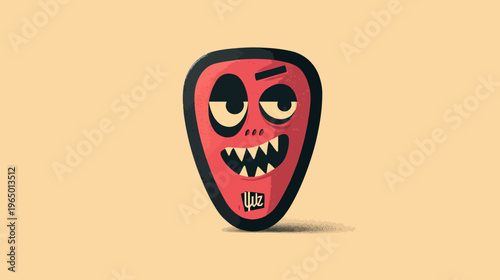 A red, stylized cartoon face with a sharp grin, large eyes, and an intriguing design