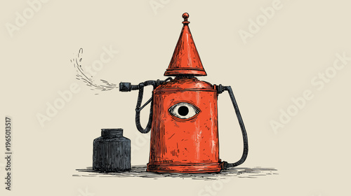 A curious machine with an eye, spraying liquid, beside a container, all in a quirky, vintage style