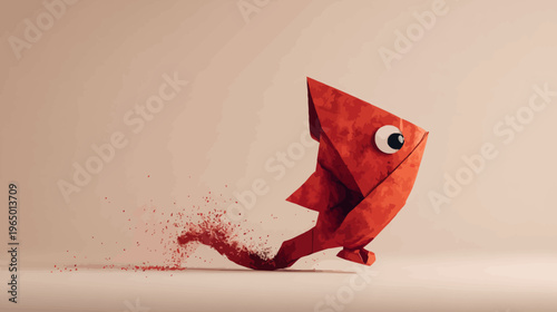 A vibrant red, origami-style fish leaps across a neutral, beige background with motion blur effect