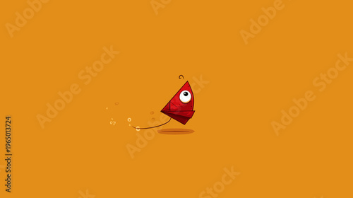 Cartoonish red object with a single eye, floating in an orange space with a tail and bubbles