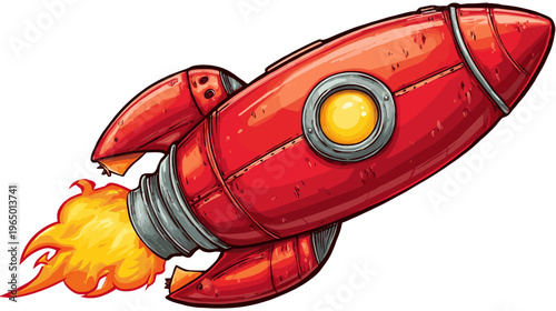 A cartoon-style red rocket ship with visible rivets and flames coming from the exhaust