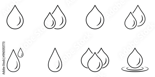 Raindrops icon line style. Water drop shape icons multiple style collection. Minimal teardrop icon set of liquid drops. Water drop icons linear icon. eps 10