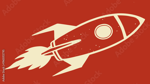 A retro-styled illustration of a stylized rocket ship blasting off against a red background