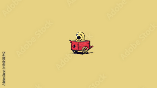 A whimsical illustration depicts a large eye in a red wagon against a pale yellow backdrop