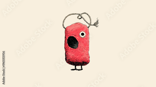 A cartoonish, red, oblong creature with one eye, a hole, rope on head, and tiny legs on a pale background