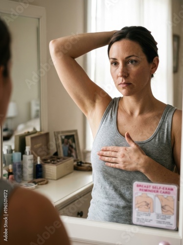 A woman is performing a breast self-exam in front of a mirror. She is looking at her breasts with a serious expression.