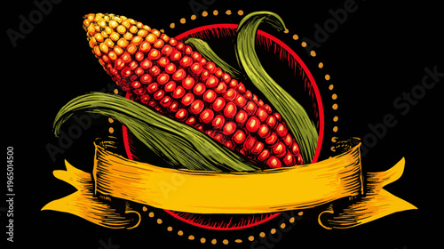 A colorful illustration featuring an ear of corn, leaves, a banner, and decorative circle
