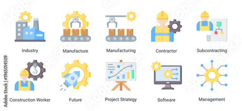 Construction industrial and execution icon set featuring manufacturing,contractor,workforce,and development strategy.Ideal for industrial and project execution concepts.