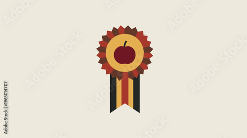 A stylized badge featuring a central apple surrounded by a rosette and cascading ribbons