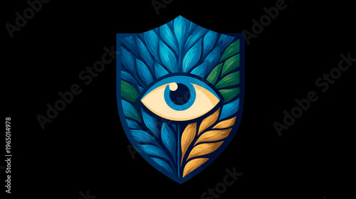 A shield-shaped illustration featuring an eye centered within stylized leaf motifs