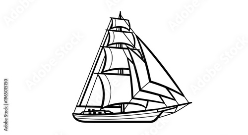 Silhouette of a vintage sailing ship on the ocean with mast and sails in nautical travel style