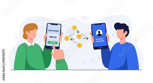 Mobile Payment Transfer Flat Vector Illustration, Peer to Peer Transaction, Digital Wallet, Money Transfer, Online Banking, Fintech Communication, Secure Payment Concept for UI UX Design