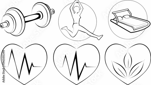 Vector icons of workout and health elements including dumbbell yoga treadmill heart rate and leaf symbols