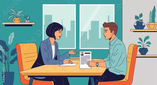 Job Interview Flat Vector Illustration, HR Recruitment Meeting, Candidate Selection, Business Conversation, Hiring Process, Office Discussion, Professional Communication Concept for UI UX Design