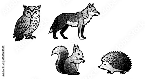 Collection of forest animals including an owl, fox, squirrel, and hedgehog