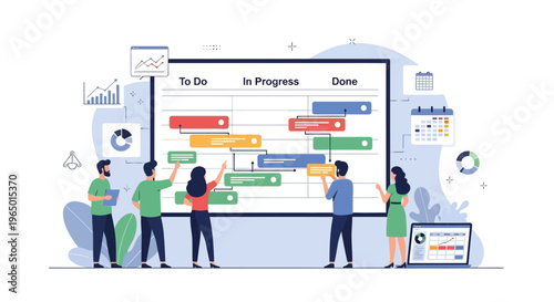 Project Management Kanban Board Flat Vector Illustration, Team Workflow, Task Tracking System, Agile Process, Scrum Planning, Collaboration Dashboard, Productivity Concept for UI UX Design