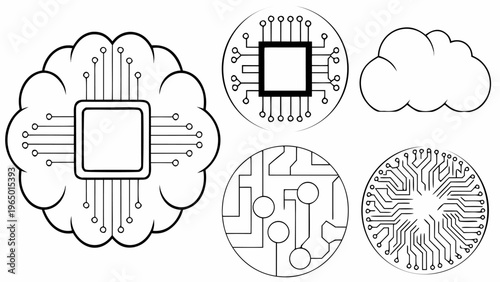Artificial intelligence icons set with robot brain microchip and circuit board elements for technology design