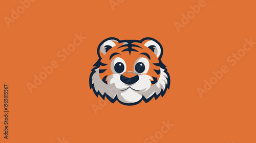 A cartoon tiger head with orange and white fur, set against a solid orange background