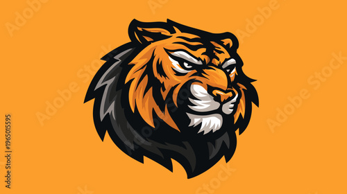 A roaring tiger head emblem with orange and black fur against an orange background
