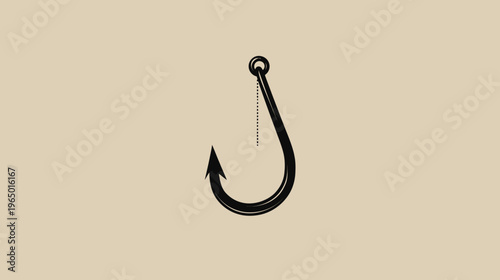 Black fishing hook illustration with dashed line hanging on a beige background