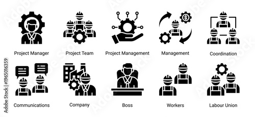 Construction team and management icon set featuring leadership,coordination,workforce,and communication.Ideal for organization and business management concepts.