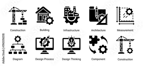 Construction and engineering icon set featuring building,infrastructure,architecture,and design process.Ideal for engineering and development projects.