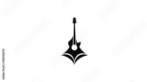 A stark black silhouette of a guitar, centered on a white backdrop with a stylized design