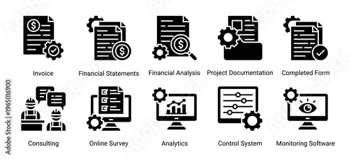 Construction finance and documentation icon set featuring invoice,analytics,reporting,and monitoring system.Ideal for business and financial management.