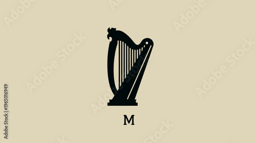 A black harp icon centered on a light beige background, with an "M" underneath