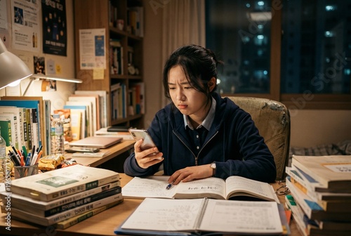Student Studying at Desk While Using Smartphone
