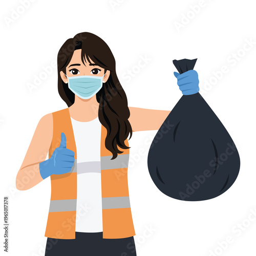 Female Sanitation Worker Holding Trash Bag with Thumbs Up. Flat Vector Character