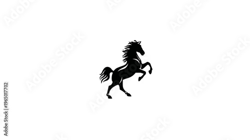 Silhouette of a horse rearing up on its hind legs, with flowing mane and tail, on white
