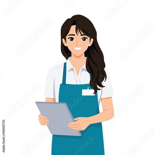 Friendly Female Retail Worker Holding Clipboard in Uniform. Flat Vector Character