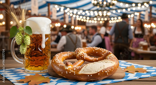 Oktoberfest Beer and Pretzel in Traditional German Setting