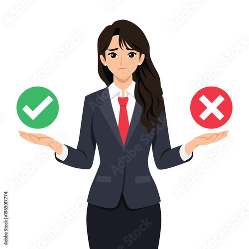 Businesswoman Choosing Between Right and Wrong Decision Concept. Flat Vector Character