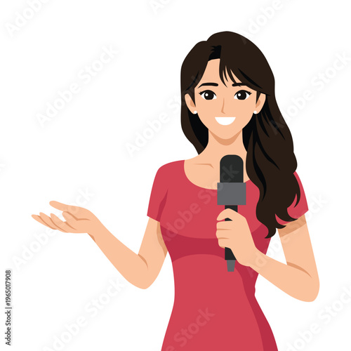 Smiling Female Reporter Holding Microphone Presenting News. Flat Vector Character